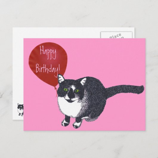 Tuxedo Cat mit Balloon Happy Birthday Postkarten (Vorne/Hinten)
