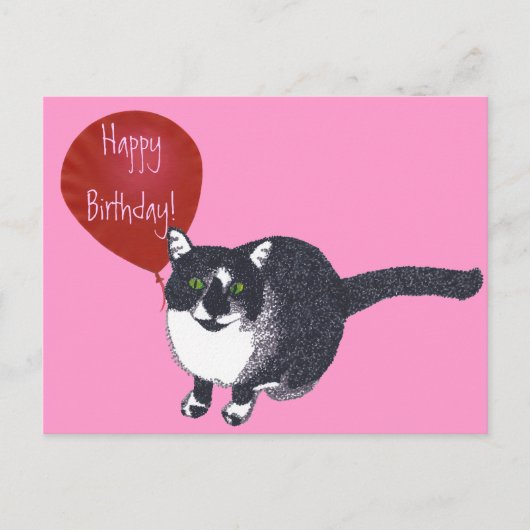 Tuxedo Cat mit Balloon Happy Birthday Postkarten (Vorderseite)