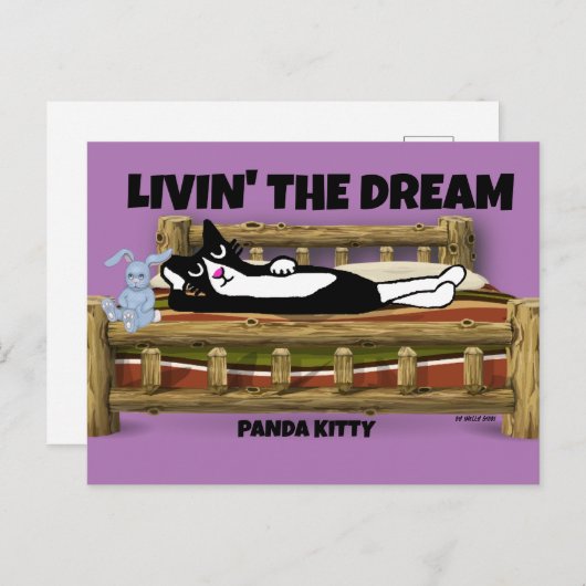 TUXEDO CAT MIT BUNNY IM BETT, PANDA KITTY ART POSTKARTE (Vorne/Hinten)