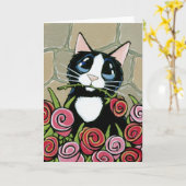 Tuxedo Cat mit Rosa und Rosen Grußkarte Karte (Gelbe Blume)