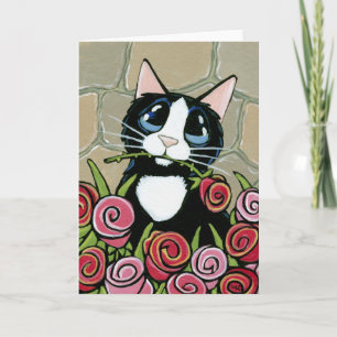 Tuxedo Cat mit Rosa und Rosen Grußkarte Karte