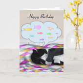 Tuxedo Cat Napping und Dreaming Karte (Gelbe Blume)