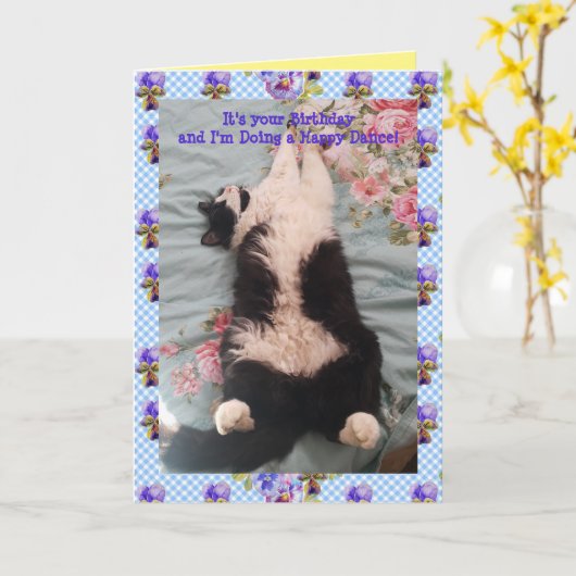 Tuxedo Cat Niedlich Funny Happy Dance Cats Viola C Karte (Gelbe Blume)