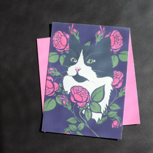 Tuxedo Cat Peony Floral Art Tuxie Cat Postkarte