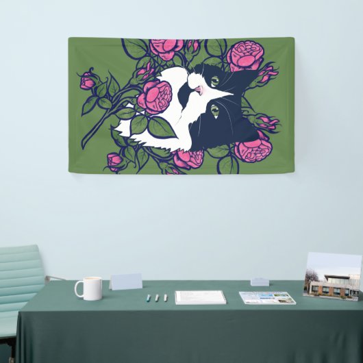 Tuxedo Cat Peony Floral Art Tuxie Katzen Banner (Messeveranstaltung)
