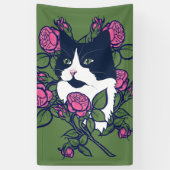 Tuxedo Cat Peony Floral Art Tuxie Katzen Banner (Vertikal)