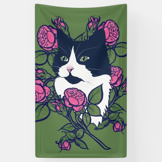 Tuxedo Cat Peony Floral Art Tuxie Katzen Banner (Vertikal)