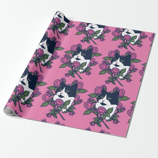Tuxedo Cat Peony Floral Art Tuxie Katzen Geschenkpapier (Ungerollt)