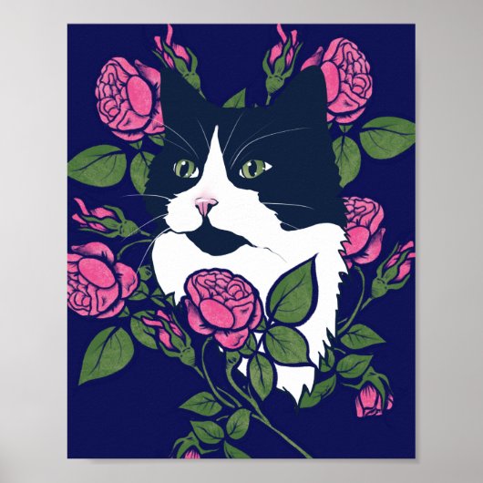 Tuxedo Cat Peony Floral Art Tuxie Katzen Poster (Vorne)