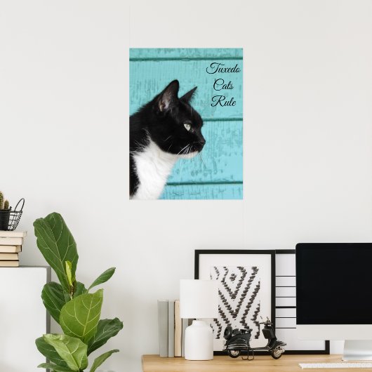 Tuxedo Cat Profil auf Aquamarin Poster (Heimbüro)