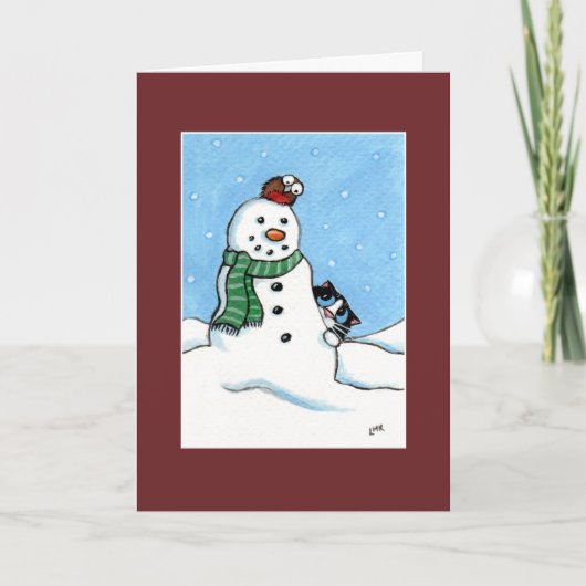 Tuxedo Cat, Robin & Snowman Weihnachtskarte Feiertagskarte (Vorderseite)