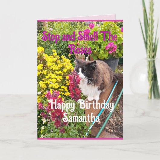 Tuxedo Cat Sniffing Flowers Funny Birthday Roses Karte (Vorderseite)