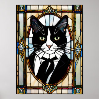 Tuxedo Cat Stained Glass Artwork Poster