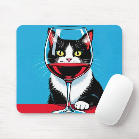 Tuxedo Cat Staring Through a Wine Glass Mousepad (Mit Mouse)