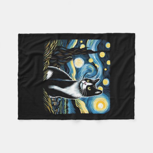Tuxedo Cat Starry Night Painting Tuxedo Cat Eigent Fleecedecke (Vorderseite (Horizontal))