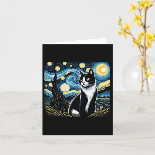 Tuxedo Cat Starry Night Painting Tuxedo Cat Eigent Karte (Gelbe Blume)