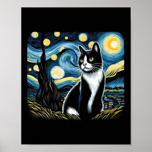 Tuxedo Cat Starry Night Painting Tuxedo Cat Eigent Poster