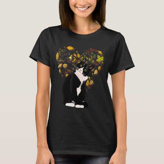 Tuxedo Cat T Shirt Gift Autumn Fall Leaves Black A (Vorderseite)