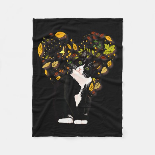 Tuxedo Cat T Shirt Gift Autumn Fall Leaves Black A Fleecedecke (Vorderseite)