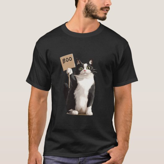 Tuxedo Cat Tshirt Halloween Kostüm Holding Boo Si (Vorderseite)