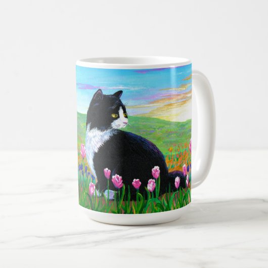 Tuxedo Cat Tulips Creationarts Kaffeetasse (VorderseiteRechts)