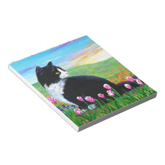 Tuxedo Cat Tulips Creationarts Notizblock (angewinkelt)