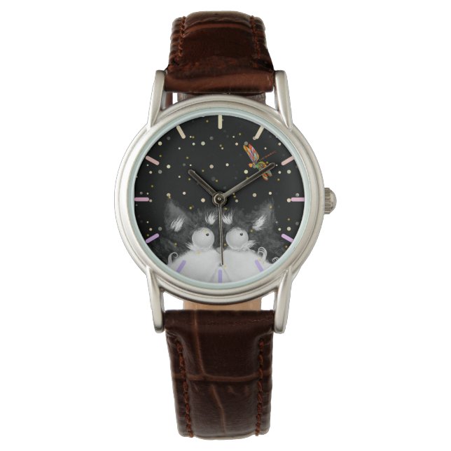 Tuxedo Cat überrascht von Dragonfly Armbanduhr (Vorderseite)