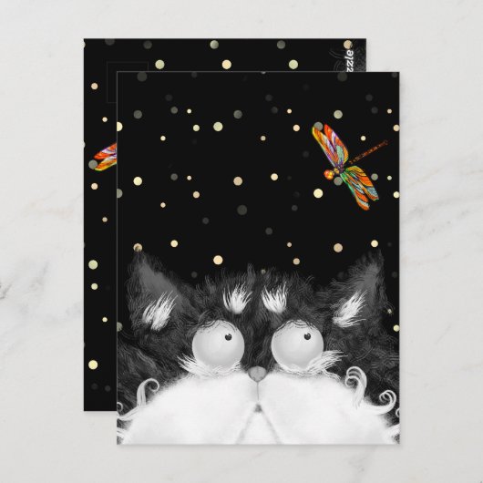 Tuxedo Cat überrascht von Dragonfly Postkarte (Vorne/Hinten)