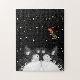 Tuxedo Cat überrascht von Dragonfly Puzzle