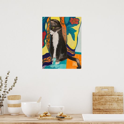 Tuxedo Cat und bestickte Vorhänge Poster (Küche)