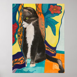 Tuxedo Cat und bestickte Vorhänge Poster