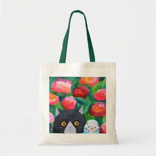 Tuxedo Cat und Blue Budgie Parakeet Niedlich Tragetasche