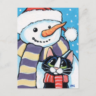 Tuxedo Cat und Carrot Nose Snowman Malerei Feiertagspostkarte