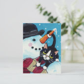 Tuxedo Cat und Gentleman Snowman Postcard Postkarte (Stehend Vorderseite)