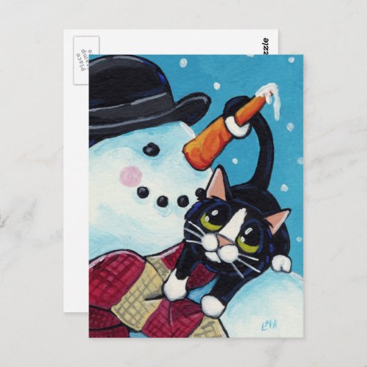 Tuxedo Cat und Gentleman Snowman Postcard Postkarte (Vorne/Hinten)