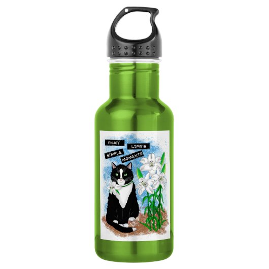 Tuxedo Cat und Lilies | Inspiration Zitat Edelstahlflasche (Vorderseite)