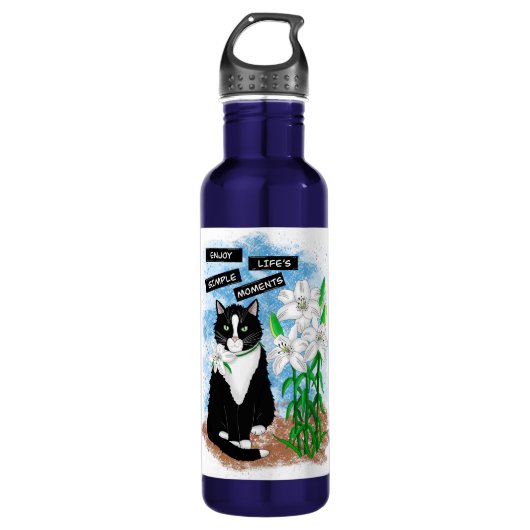 Tuxedo Cat und Lilies | Inspiration Zitat Edelstahlflasche (Vorderseite)
