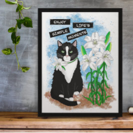 Tuxedo Cat und Lilies | Inspiration Zitat Fotodruck
