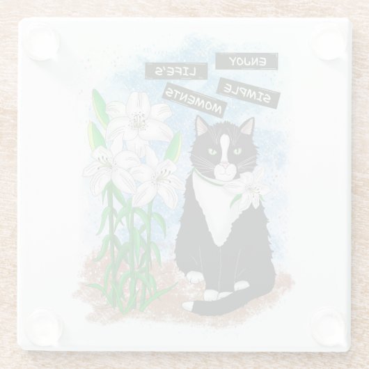 Tuxedo Cat und Lilies | Inspiration Zitat Glasuntersetzer (Rückseite)