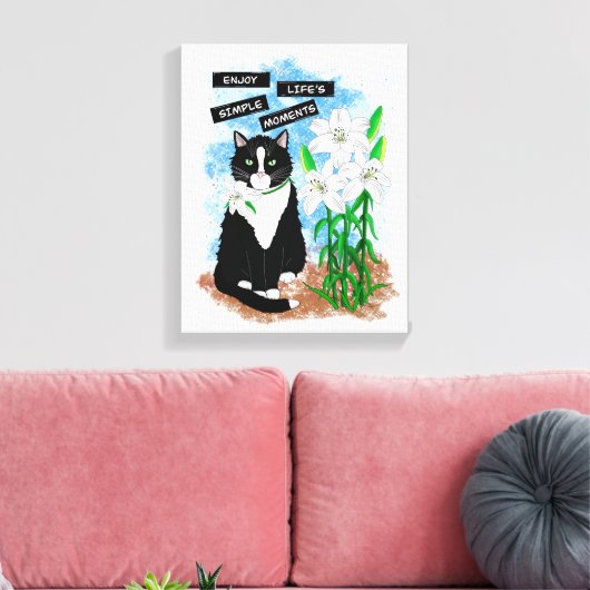 Tuxedo Cat und Lilies | Inspiration Zitat Leinwanddruck (Insitu (Wohnzimmer))