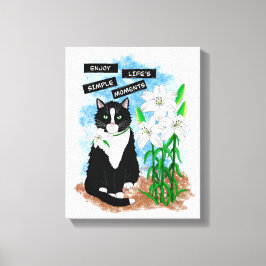 Tuxedo Cat und Lilies | Inspiration Zitat Leinwanddruck