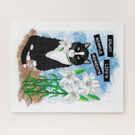 Tuxedo Cat und Lilies | Inspiration Zitat Puzzle (Horizontal)