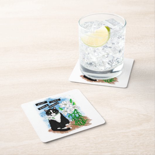 Tuxedo Cat und Lilies | Inspiration Zitat Rechteckiger Pappuntersetzer (Vor Ort)