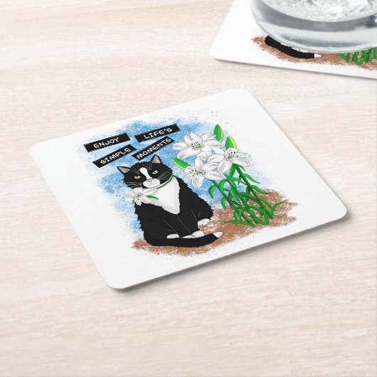 Tuxedo Cat und Lilies | Inspiration Zitat Rechteckiger Pappuntersetzer (angewinkelt)