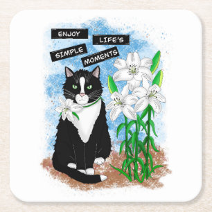 Tuxedo Cat und Lilies Inspiration Zitat Rechteckiger Pappuntersetzer