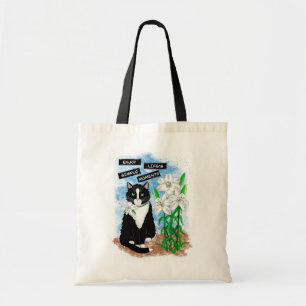 Tuxedo Cat und Lilies Inspiration Zitat Tragetasche