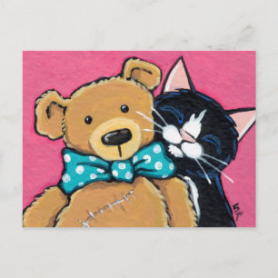 Tuxedo Cat und Teddy Bear mit Bow-Krawatte Postkarte