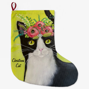 Tuxedo Cat Whimsical Art Großer Weihnachtsstrumpf