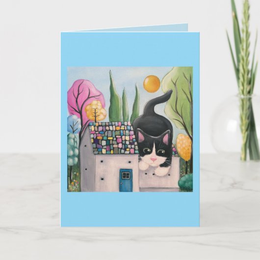 Tuxedo Cat Whimsical Art Karte (Vorderseite)