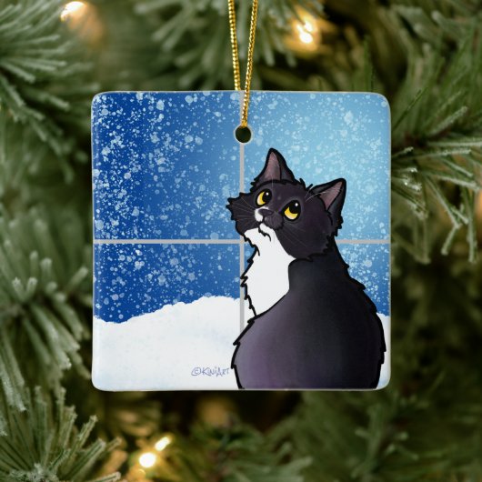 Tuxedo Cat Window Keramik Ornament (Baum)
